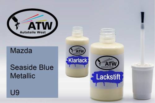 Mazda, Seaside Blue Metallic, U9: 20ml Lackstift + 20ml Klarlack - Set, von ATW Autoteile West.